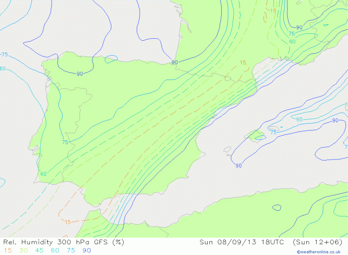 GFS 300 hPa relative humidity chart for 1800 UTC, 8 September, 2013. Image: weatheronline.co.uk